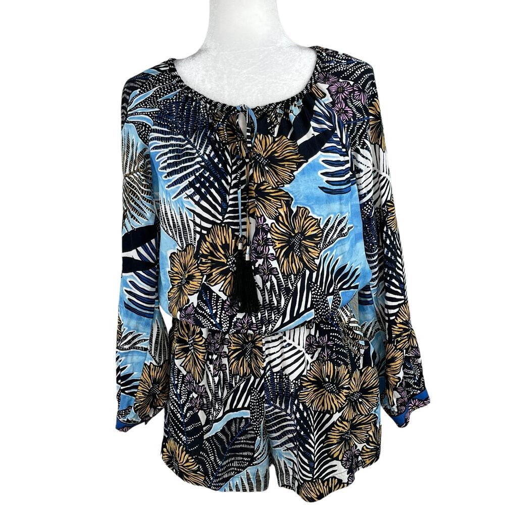 Hale Bob Blue Boho Tropical Floral Print Romper M Tassel Tie Neck Beach Vacation